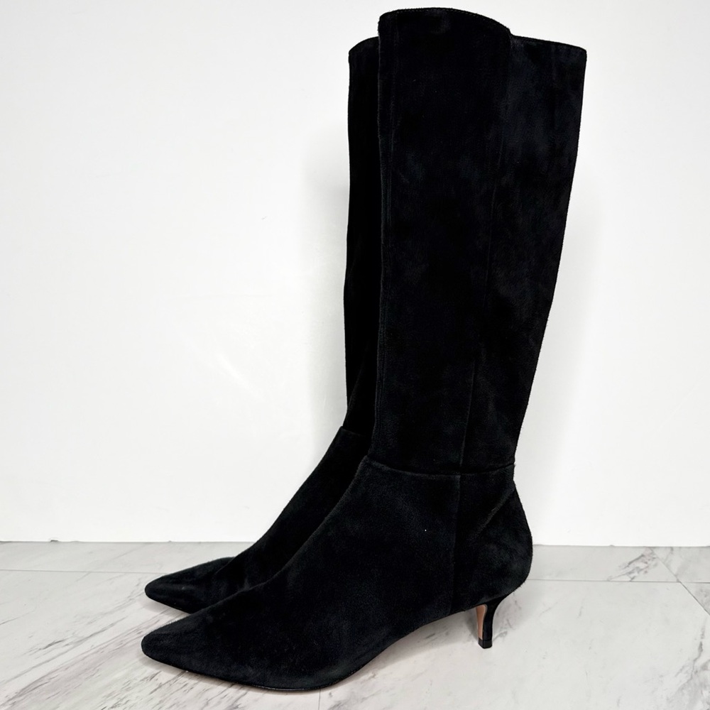 Schutz Pointy Toe Black Suede Kitten Heel Tall Boot 8 1/2 B